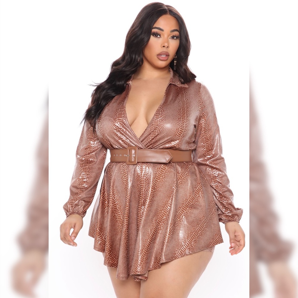 Fashion Nova Tinsley Faux Snakeskin Romper sz 1X in Camel NWT